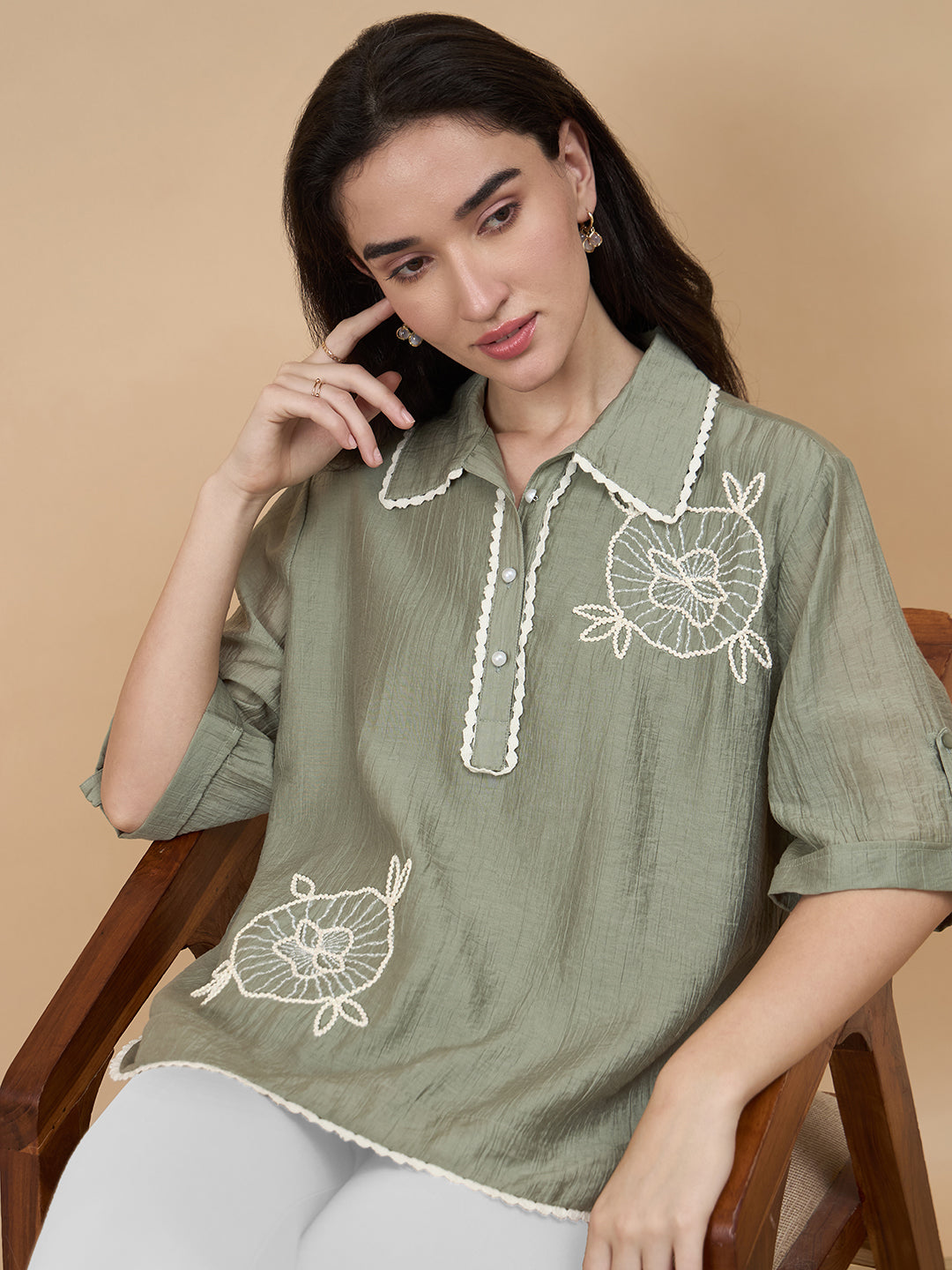 Sage Embroidery Viscose Nylon Tunic