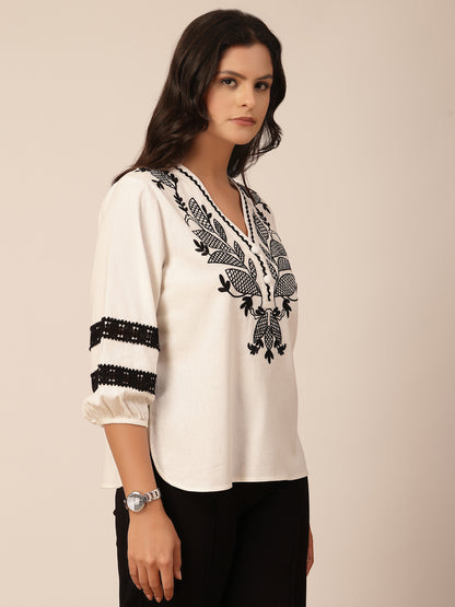 Gipsy Black & White Embroidery Linen Tunic