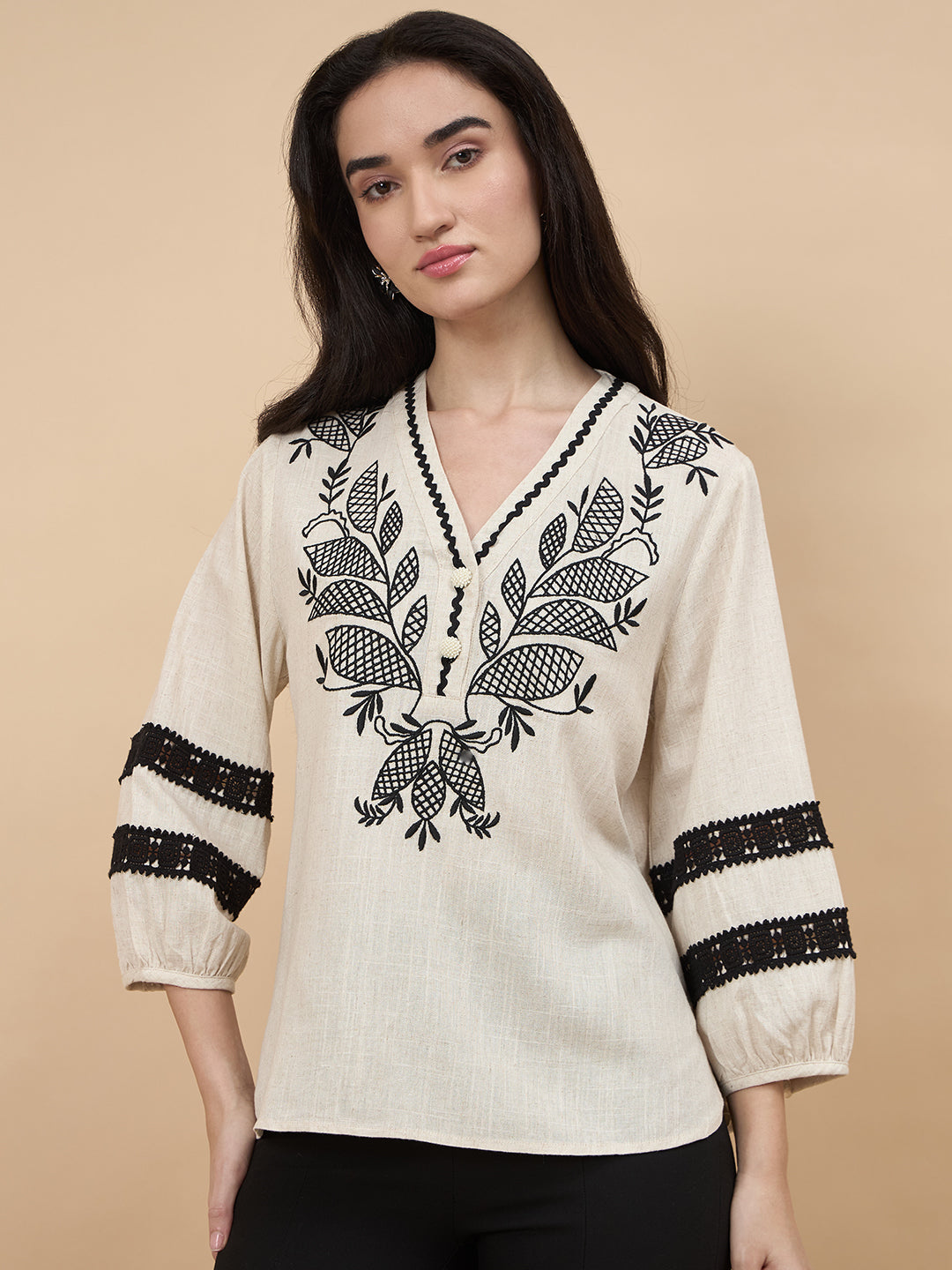 Gipsy Beige Embriodery Linen Viscose Tunic