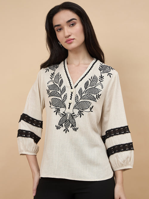 Gipsy Beige Embriodery Linen Viscose Tunic