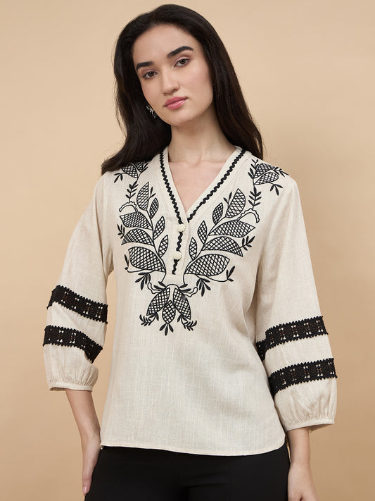 Gipsy Beige Embriodery Linen Viscose Tunic