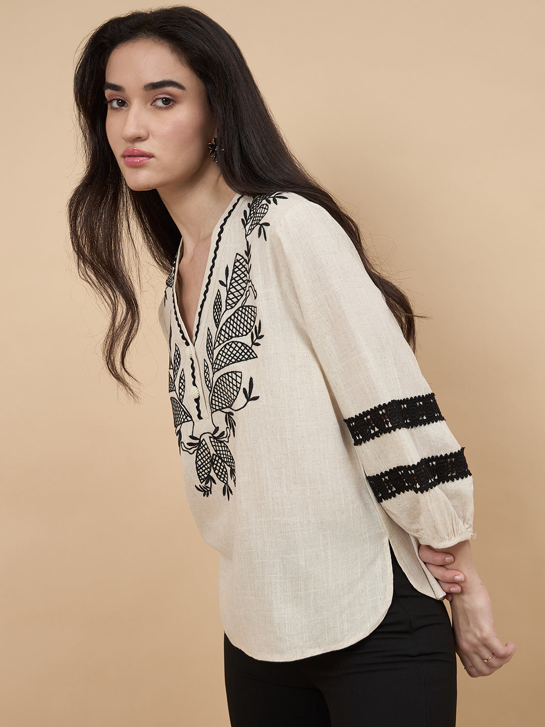 Beige Embroidery Linen Viscose Tunic