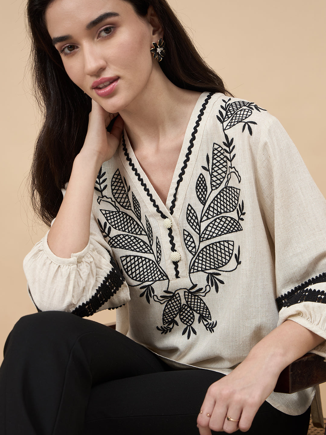 Beige Embroidery Linen Viscose Tunic