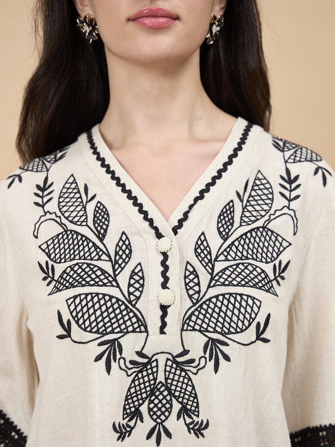 Beige Embroidery Linen Viscose Tunic