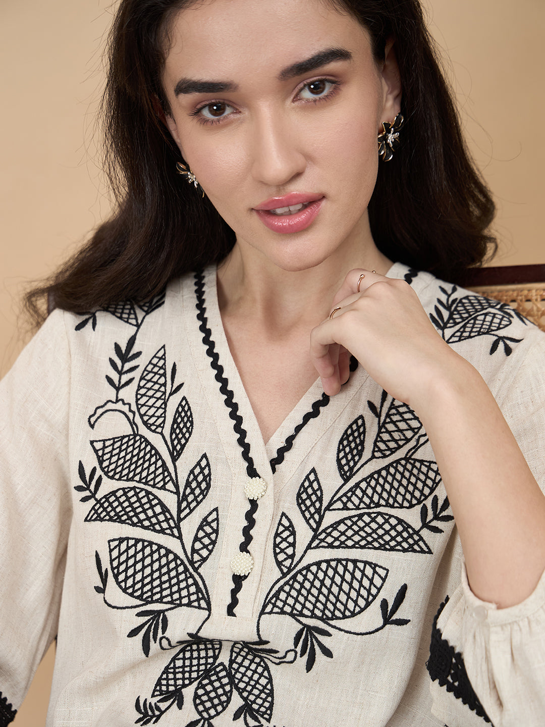 Beige Embroidery Linen Viscose Tunic