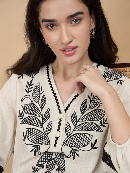 Beige Embroidery Linen Viscose Tunic