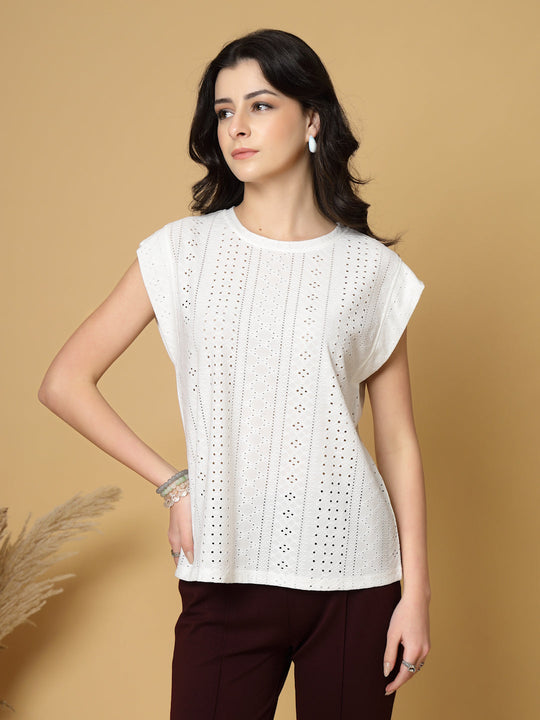 Gipsy White Short Sleeves Round Neck Knitted T-Shirt