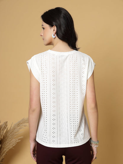 Gipsy White Short Sleeves Round Neck Knitted T-Shirt