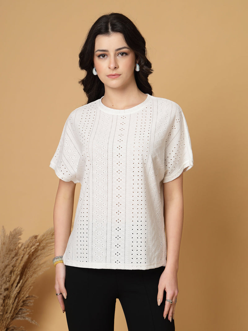 Gipsy White Half Sleeves Round Neck Knitted T-Shirt