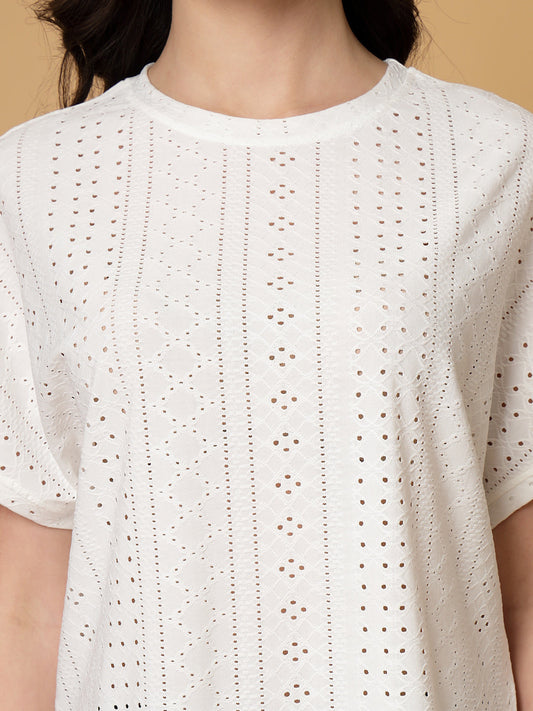 Gipsy White Half Sleeves Round Neck Knitted T-Shirt