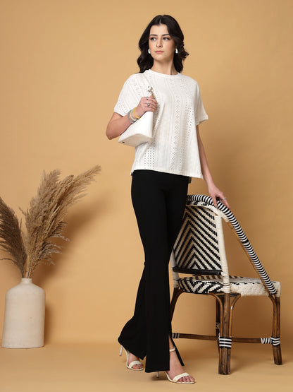 Gipsy White Half Sleeves Round Neck Knitted T-Shirt