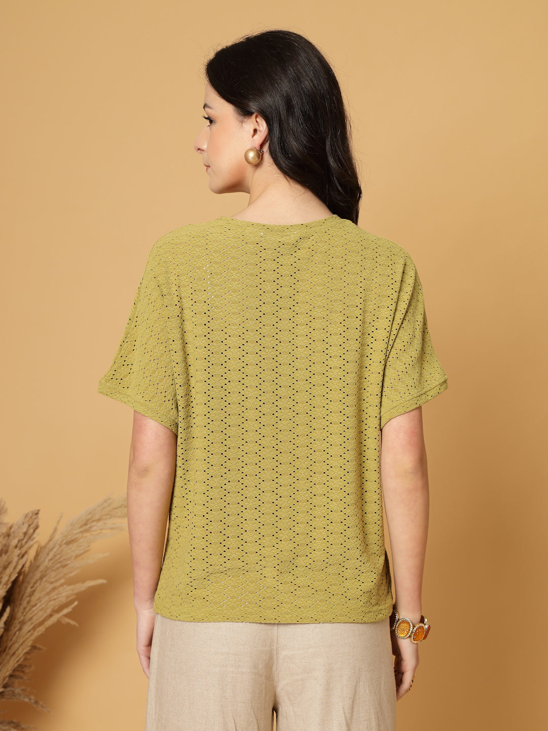 Gipsy Olive Half Sleeves Round Neck Knitted T-Shirt