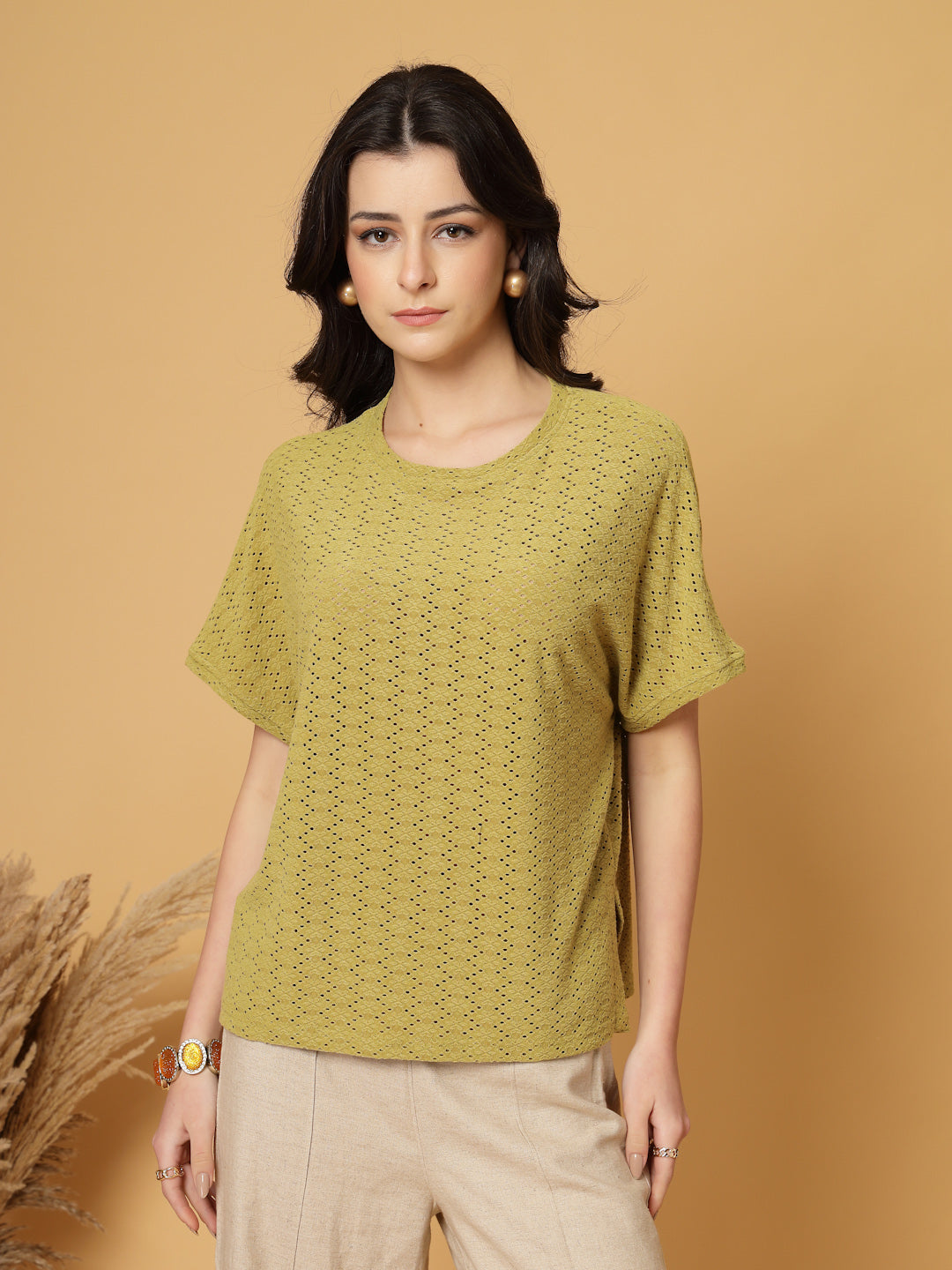 Gipsy Olive Half Sleeves Round Neck Knitted T-Shirt