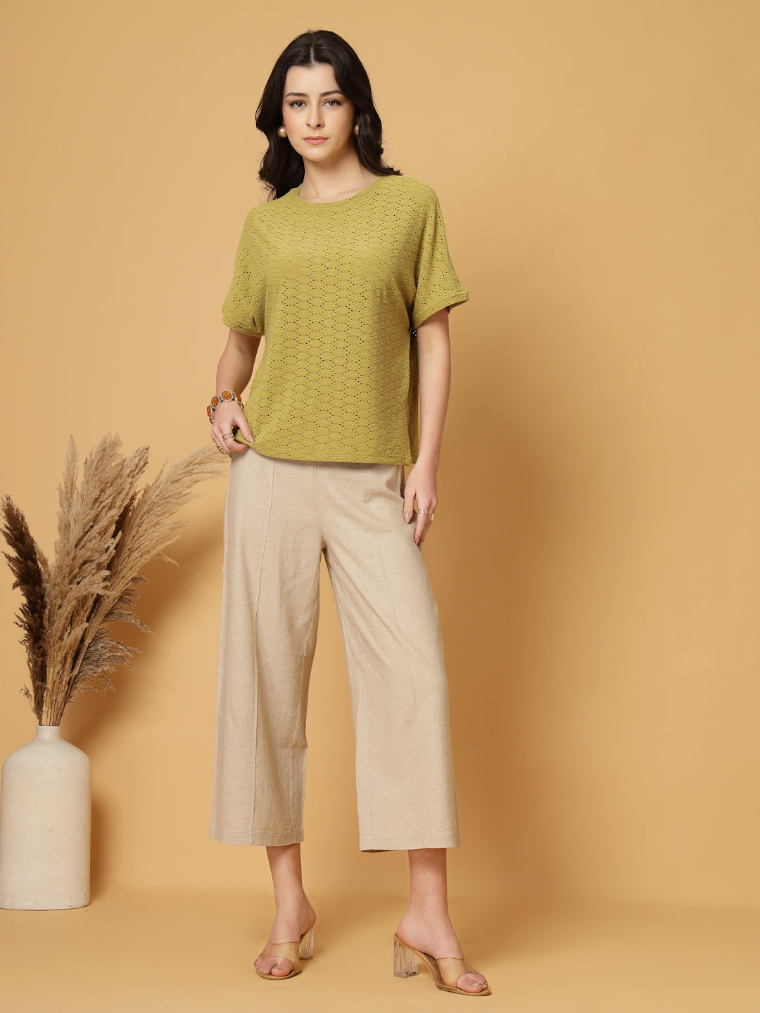 Gipsy Olive Half Sleeves Round Neck Knitted T-Shirt