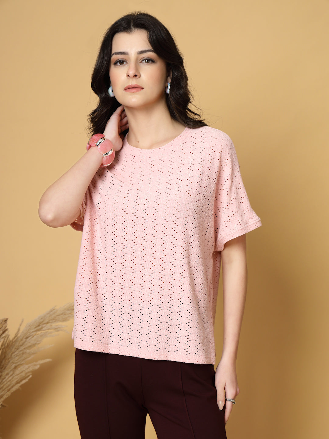 Gipsy Pink Half Sleeves Round Neck Knitted T-Shirt