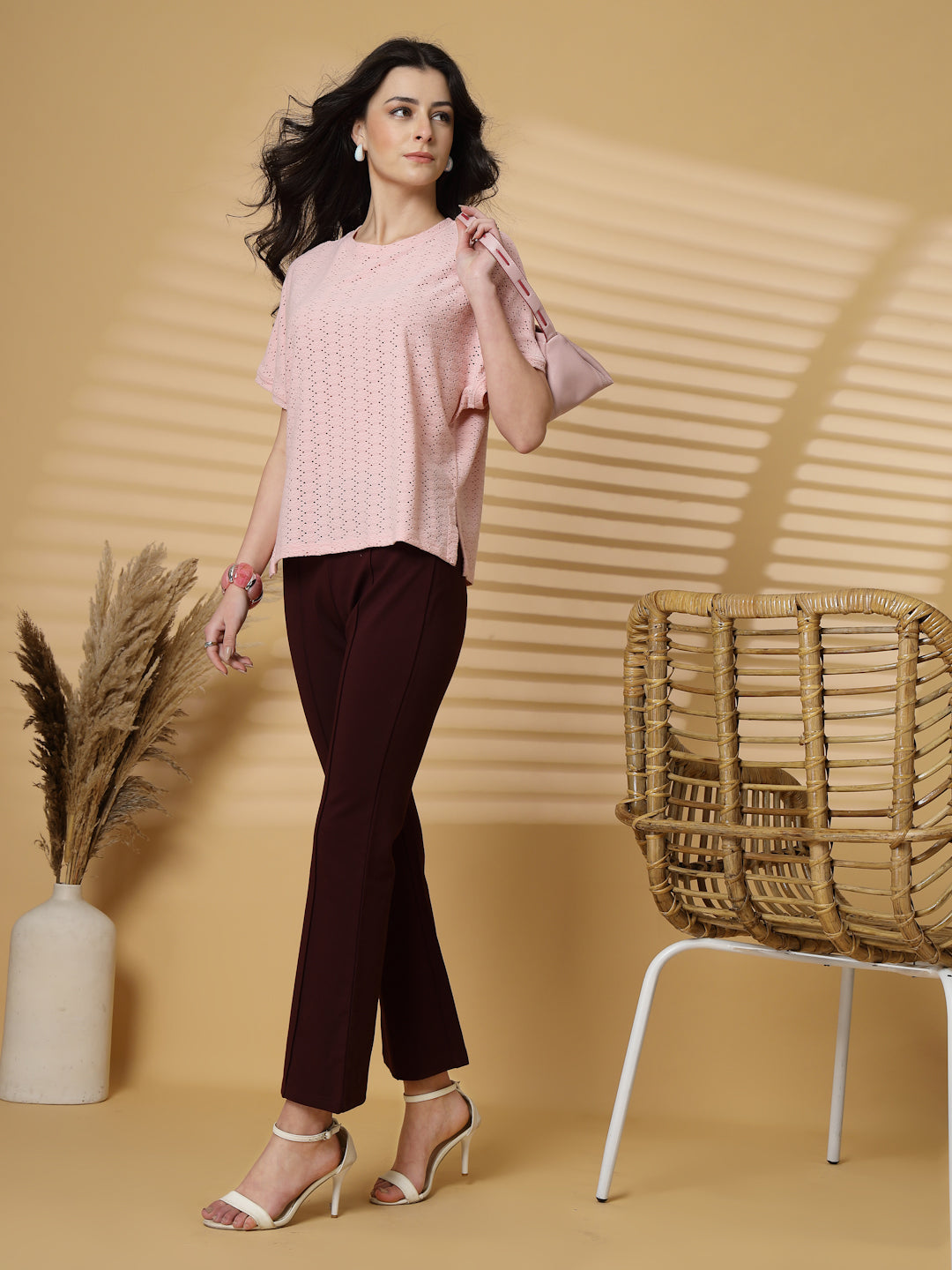 Gipsy Pink Half Sleeves Round Neck Knitted T-Shirt