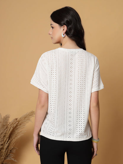 Gipsy White Half Sleeves Round Neck Knitted T-Shirt