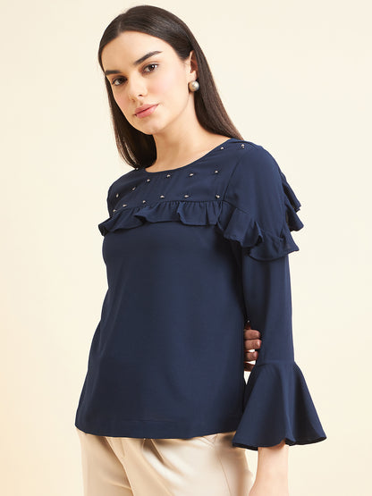 Gipsy Women Solid Embellishment Polyester Navy Top