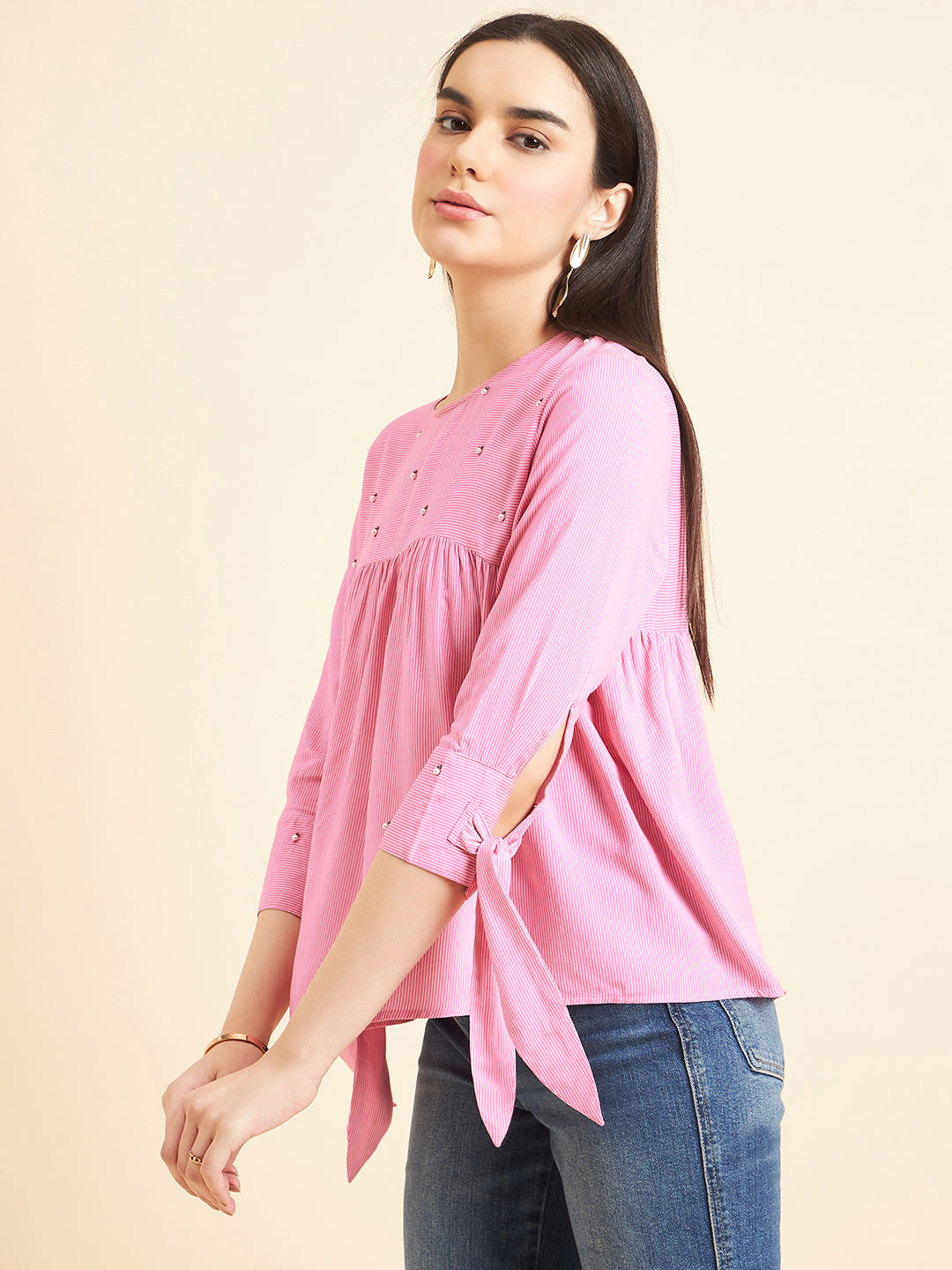 Gipsy Women Solid Embellishment Cotton Pink Top