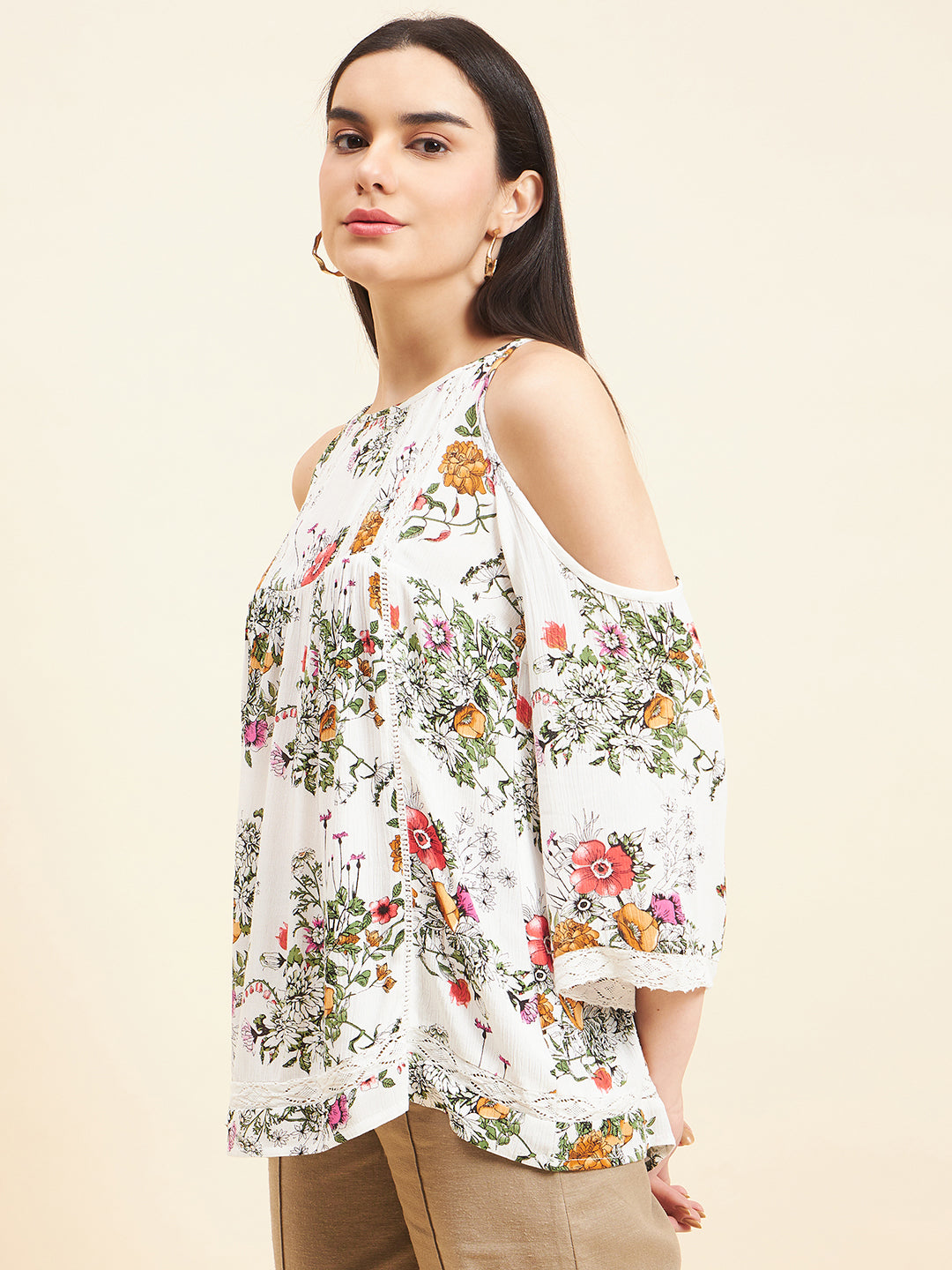 Gipsy Women Solid Lace Rayon Cream Top
