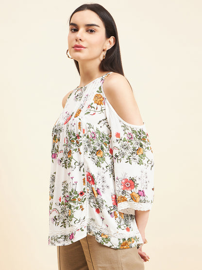 Gipsy Women Solid Lace Rayon Cream Top