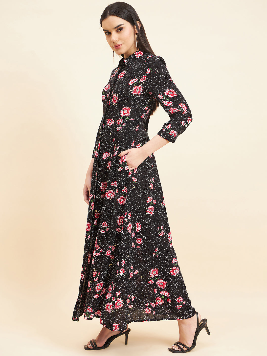 Gipsy Women Print Flared Modal Maxi Black Dress