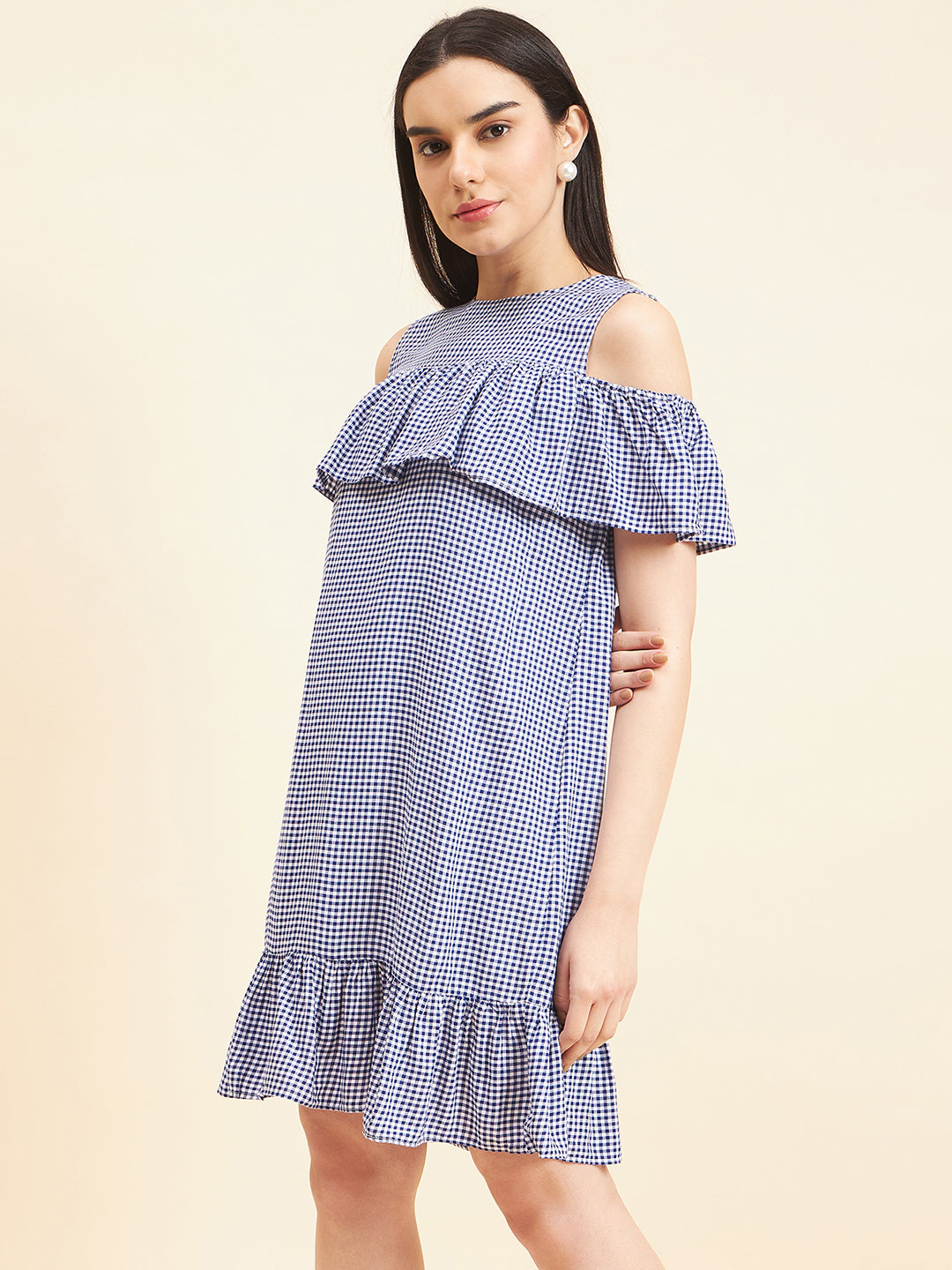 Gipsy Women Solid Frill Cotton Mini Royal Blue Dress