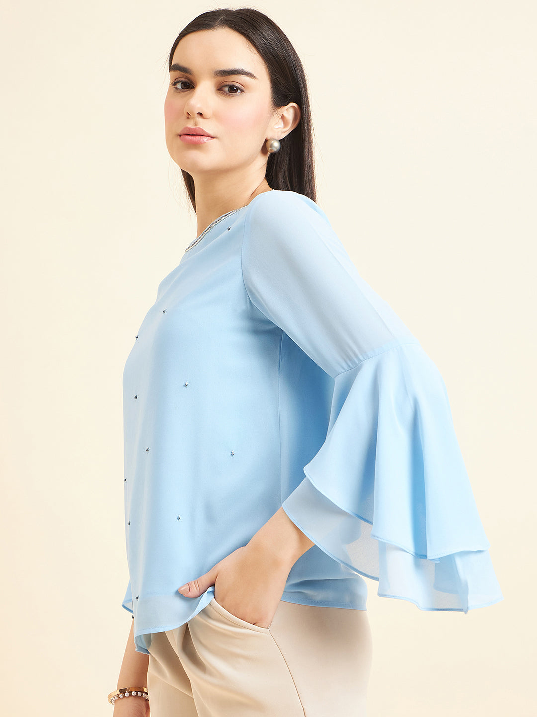 Gipsy Women Solid Embellishment Polyester Blue Grey Top