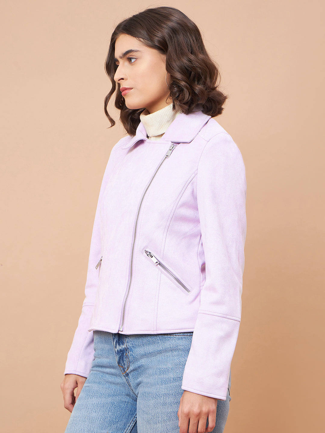 Gipsy Women Spread Collar Short Full Sleeves Suede Fabric Lavender Jackets