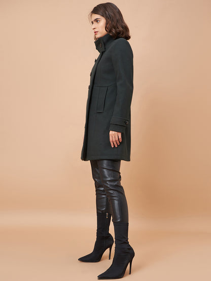 Gipsy Women Funnel Collar Straight Full Sleeve Synthetics Fabric Olive Coat