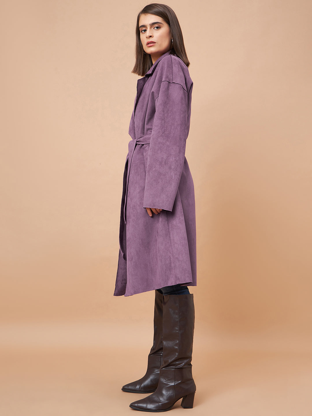 Gipsy Women Lapel Collar Straight Full Sleeve Suede Fabric Purple Coat