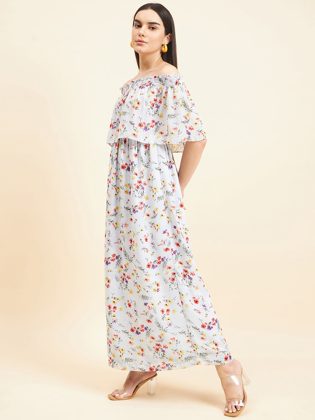 Gipsy Women Print Frill Polyester Maxi Lt Blue Dress
