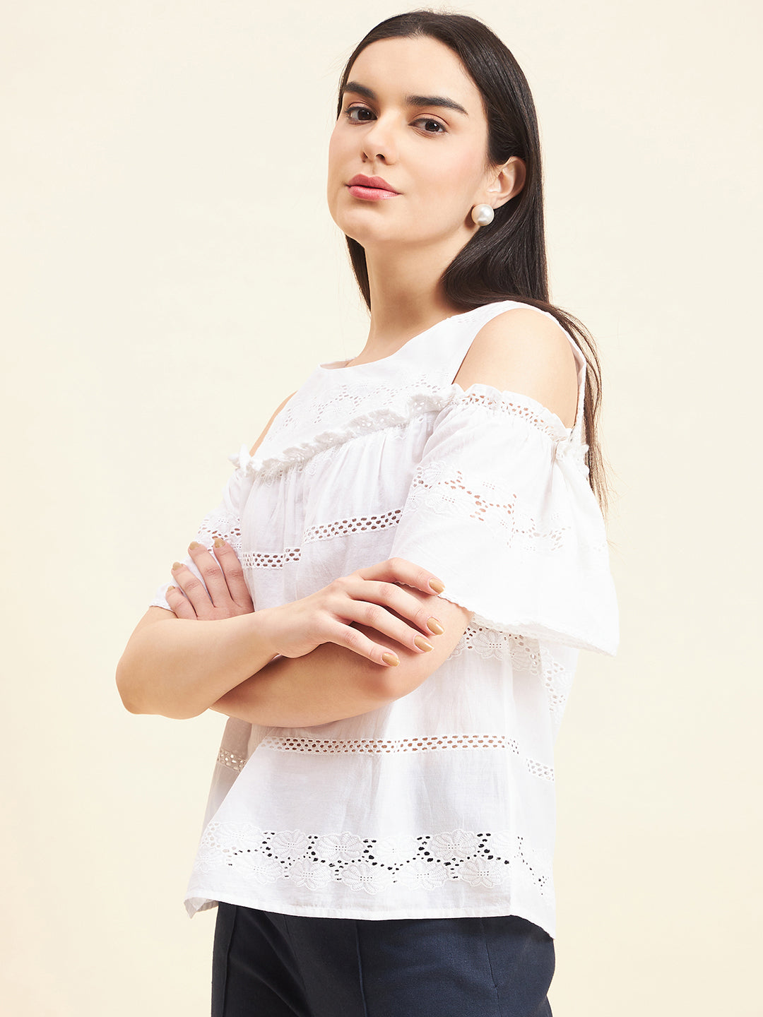 Gipsy Women Solid Lace Cotton White Top
