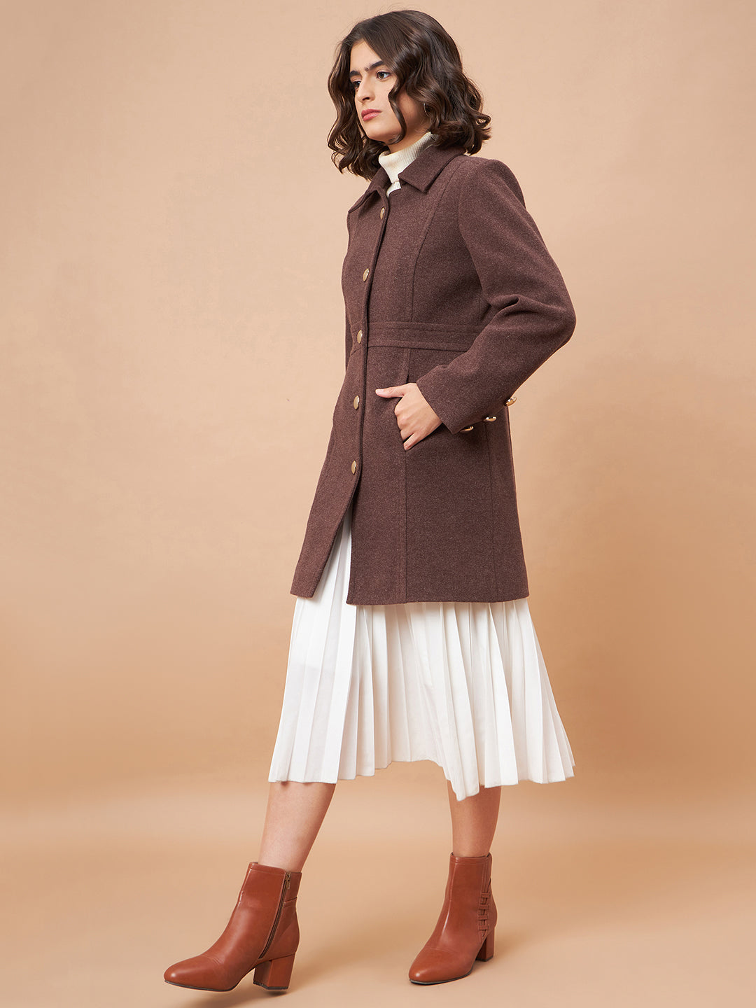 Gipsy Women Flat Collar Straight Full Sleeve Synthetics Fabric Choco Coat