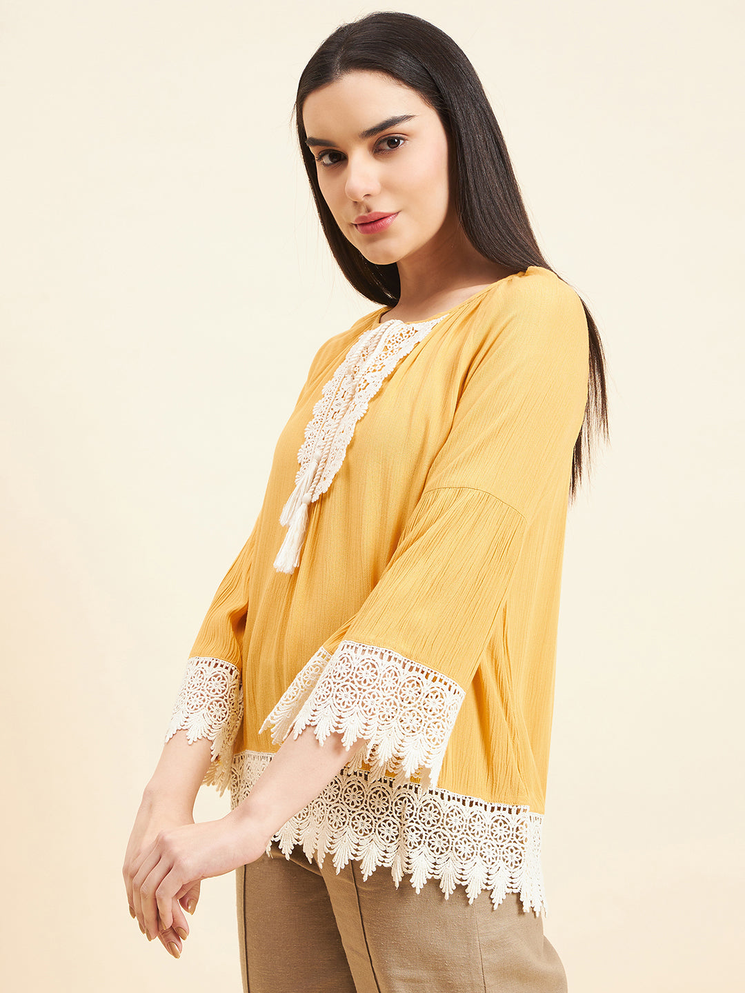 Gipsy Women Solid Lace Rayon Mustard Tunic