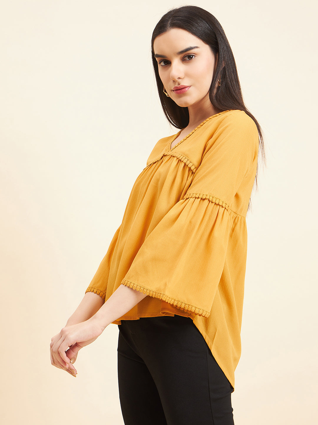 Gipsy Women Solid Lace Polyester Mustard Top