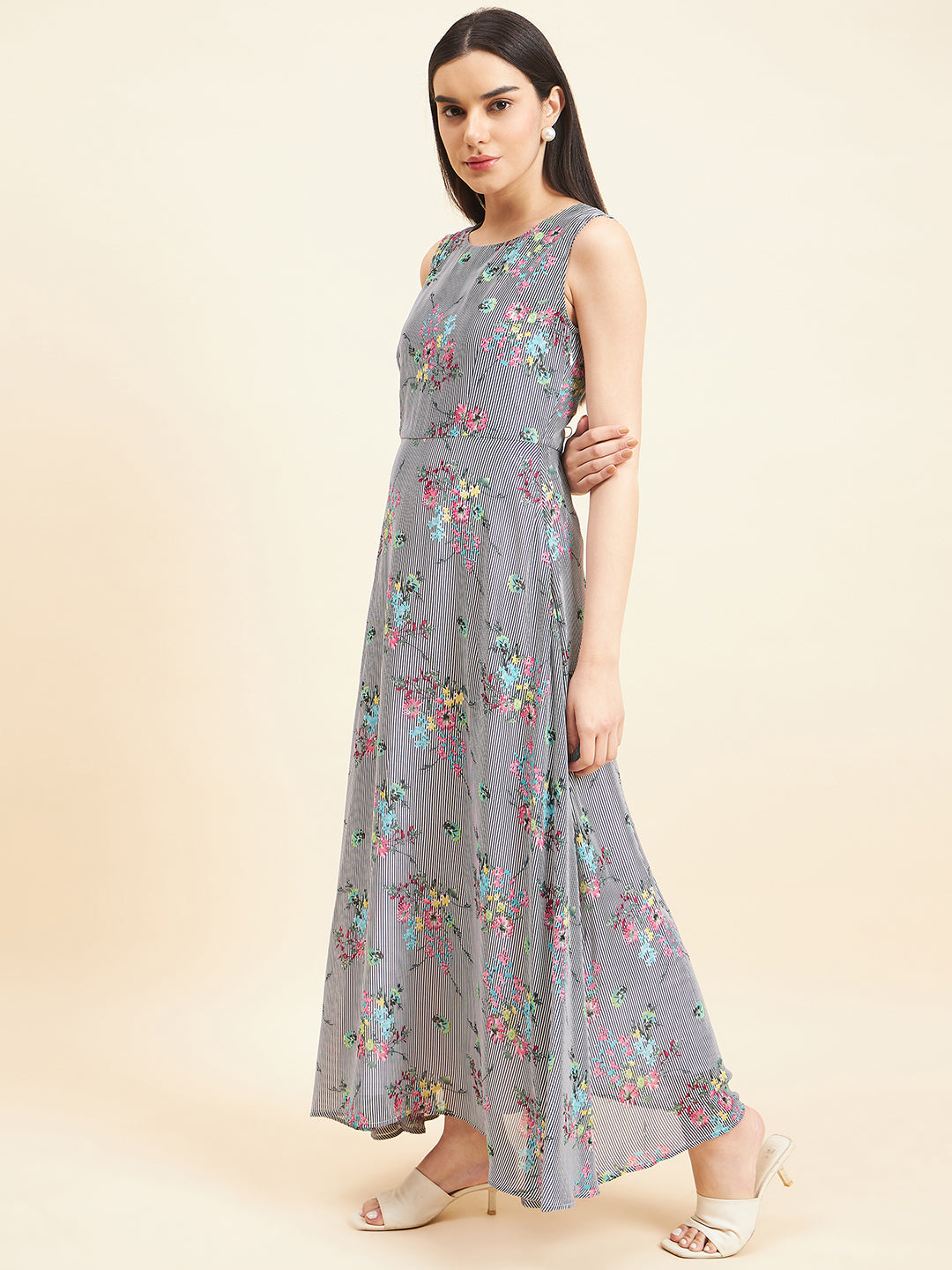 Gipsy Women Print A-Line Polyester Maxi Navy White Print Dress