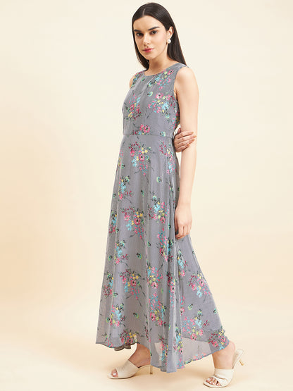 Gipsy Women Print A-Line Polyester Maxi Navy White Print Dress