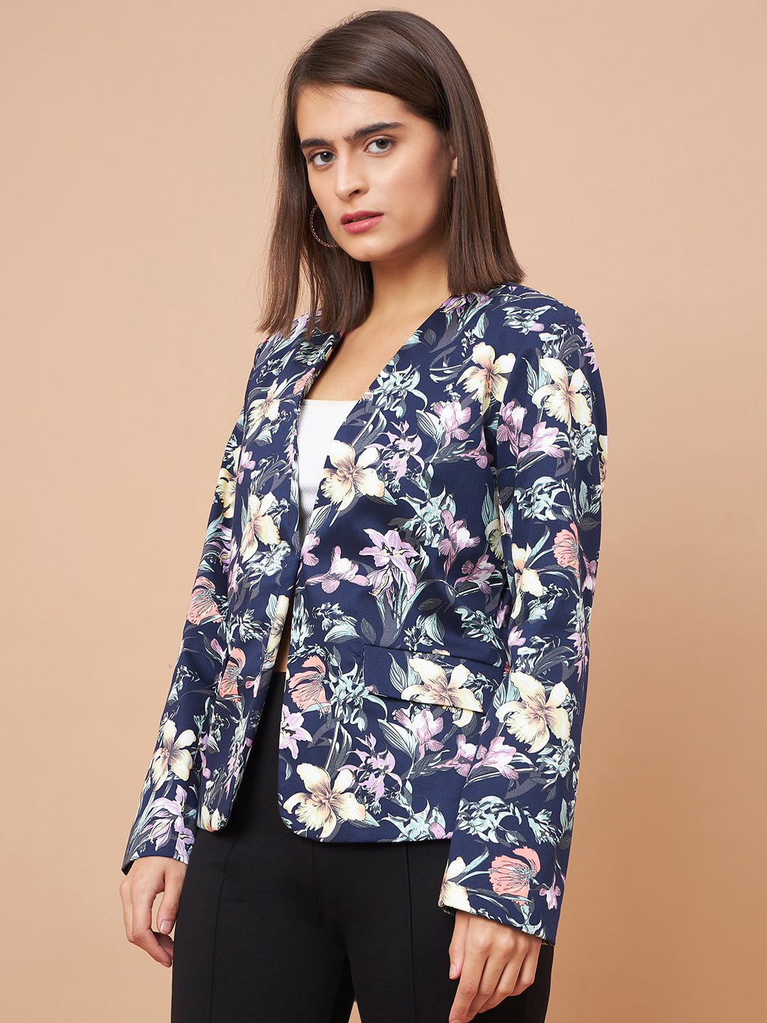 Gipsy Women V-Neck Straight Full Sleeve Cotton Fabric Navy Floral Coat
