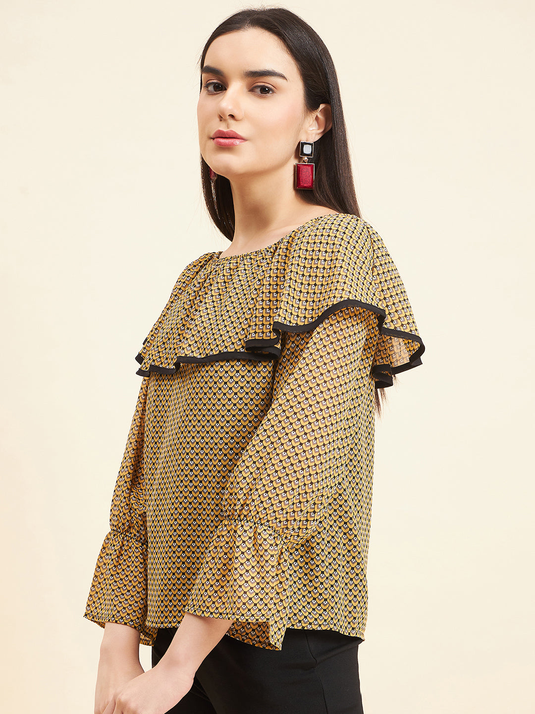 Gipsy Women Print Frill Polyester Mustard Top