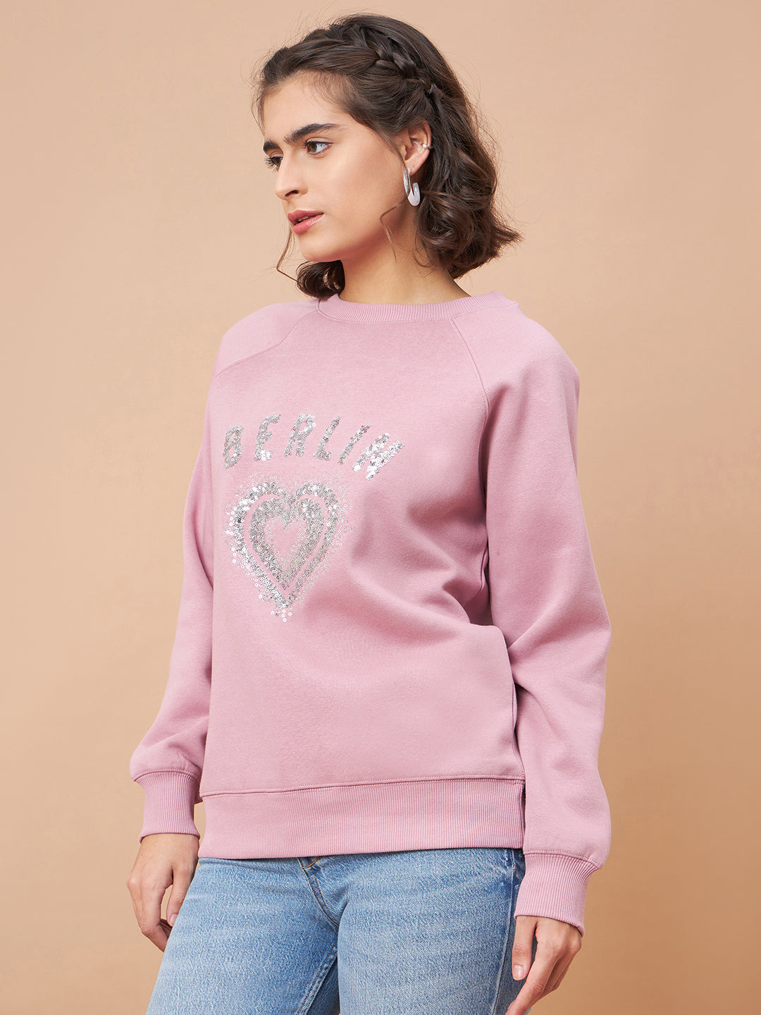 Gipsy Women Round Neck Straight Full Sleeve Polyester Fabric Pink Sweatshirt