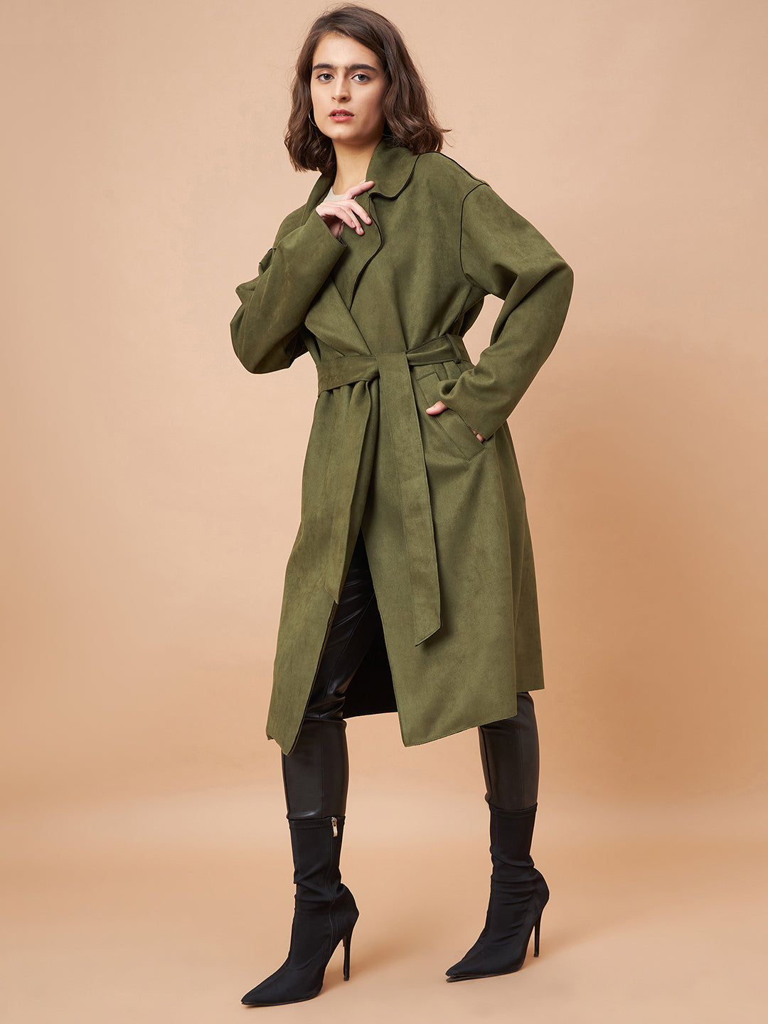 Gipsy Women Lapel Collar Straight Full Sleeve Suede Fabric Olive Coat