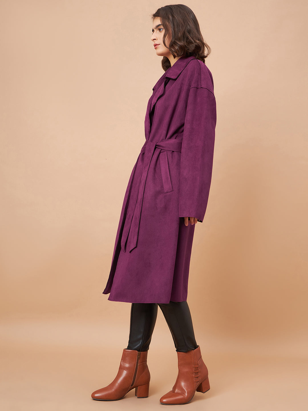Gipsy Women Lapel Collar Straight Full Sleeve Suede Fabric Wine Coat
