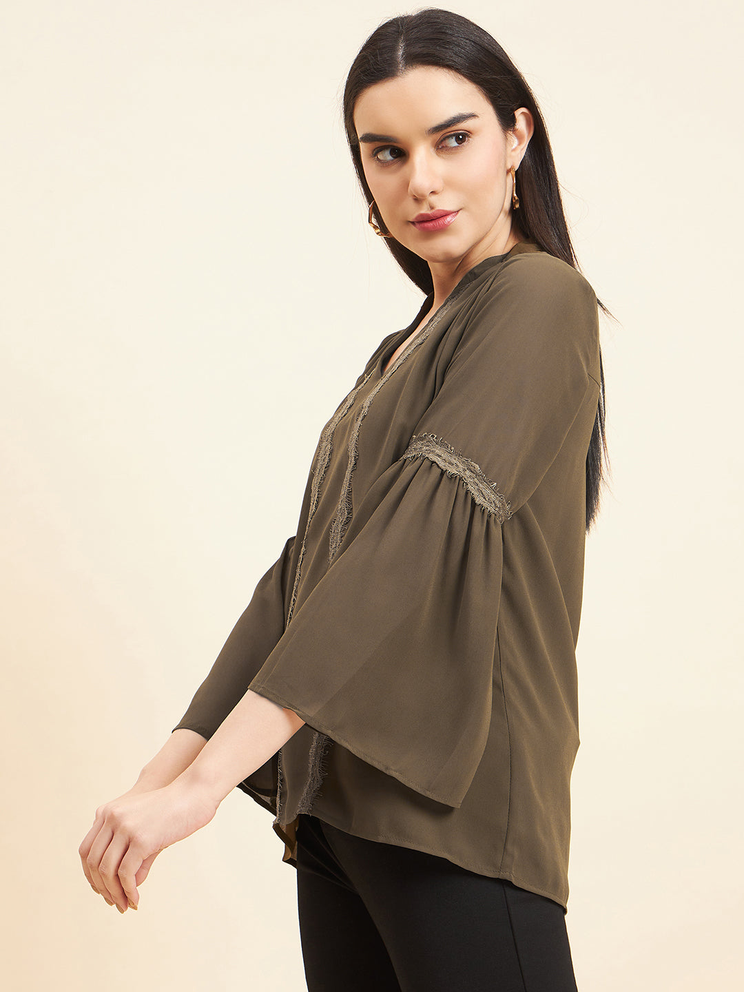 Gipsy Women Print Lace Polyester Olive Tunic