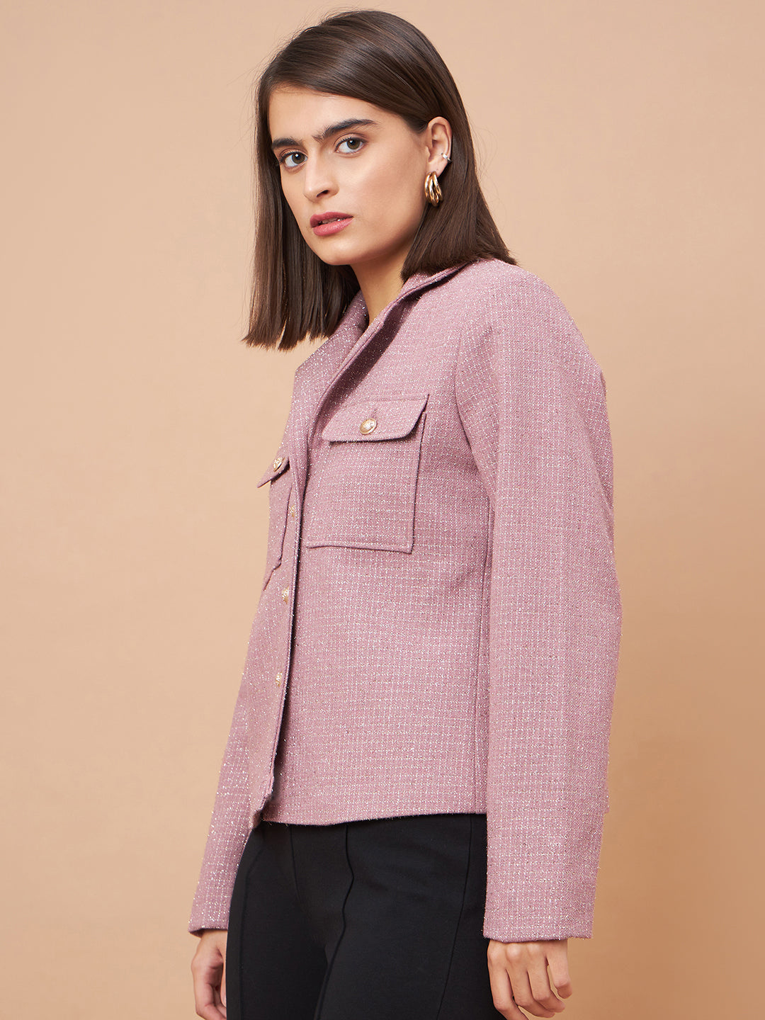 Gipsy Women Lapel Collar Straight Full Sleeve Lurex Wool Fabric Dusky Pink Coat