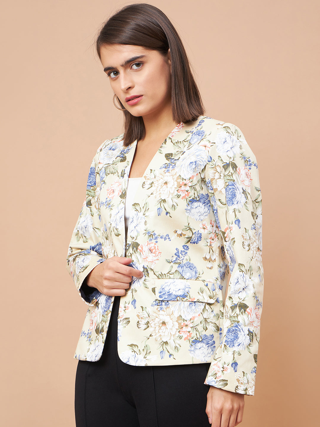 Gipsy Women V-Neck Straight Full Sleeve Cotton Fabric Beige Floral Coat