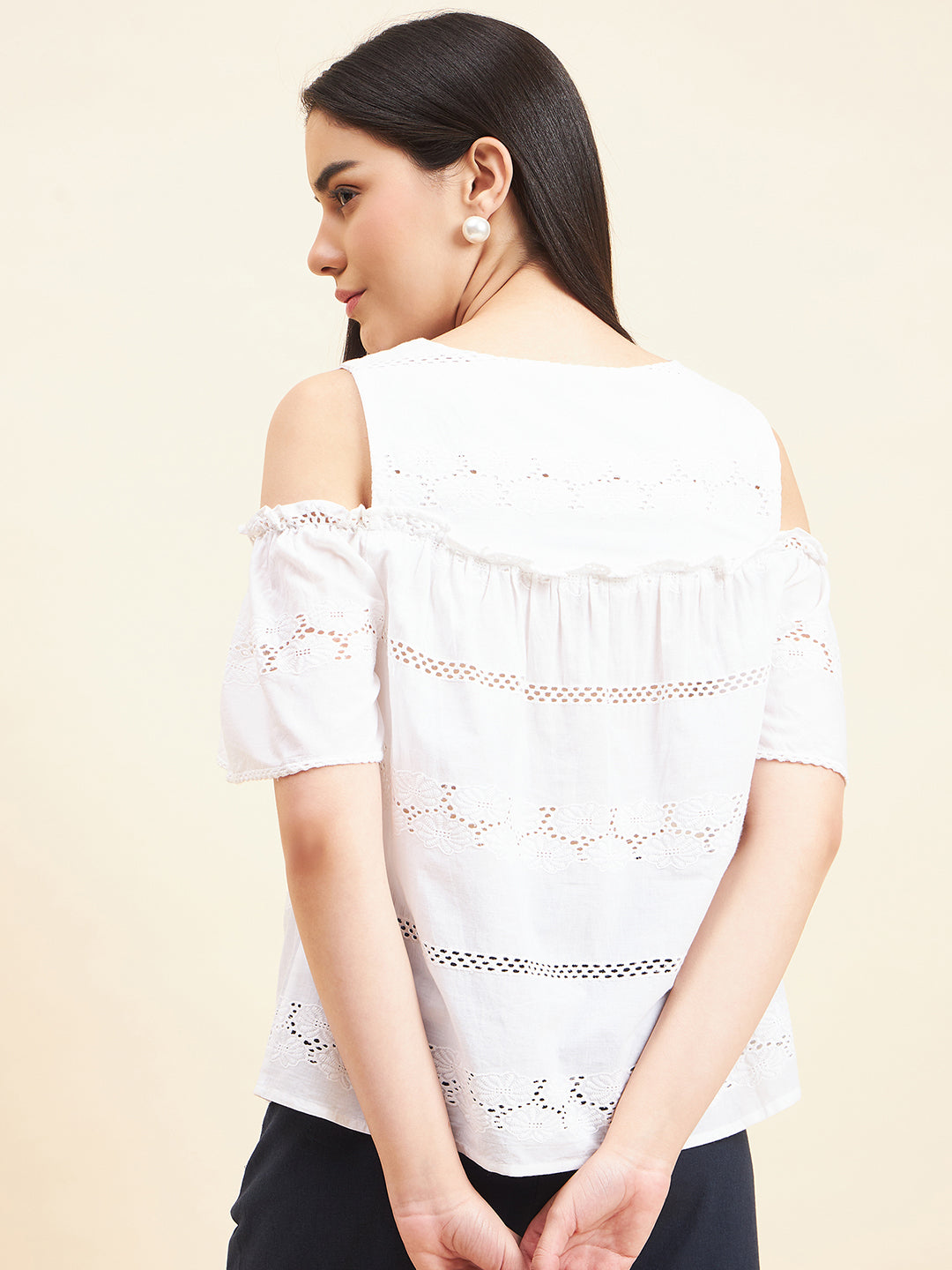 Gipsy Women Solid Lace Cotton White Top