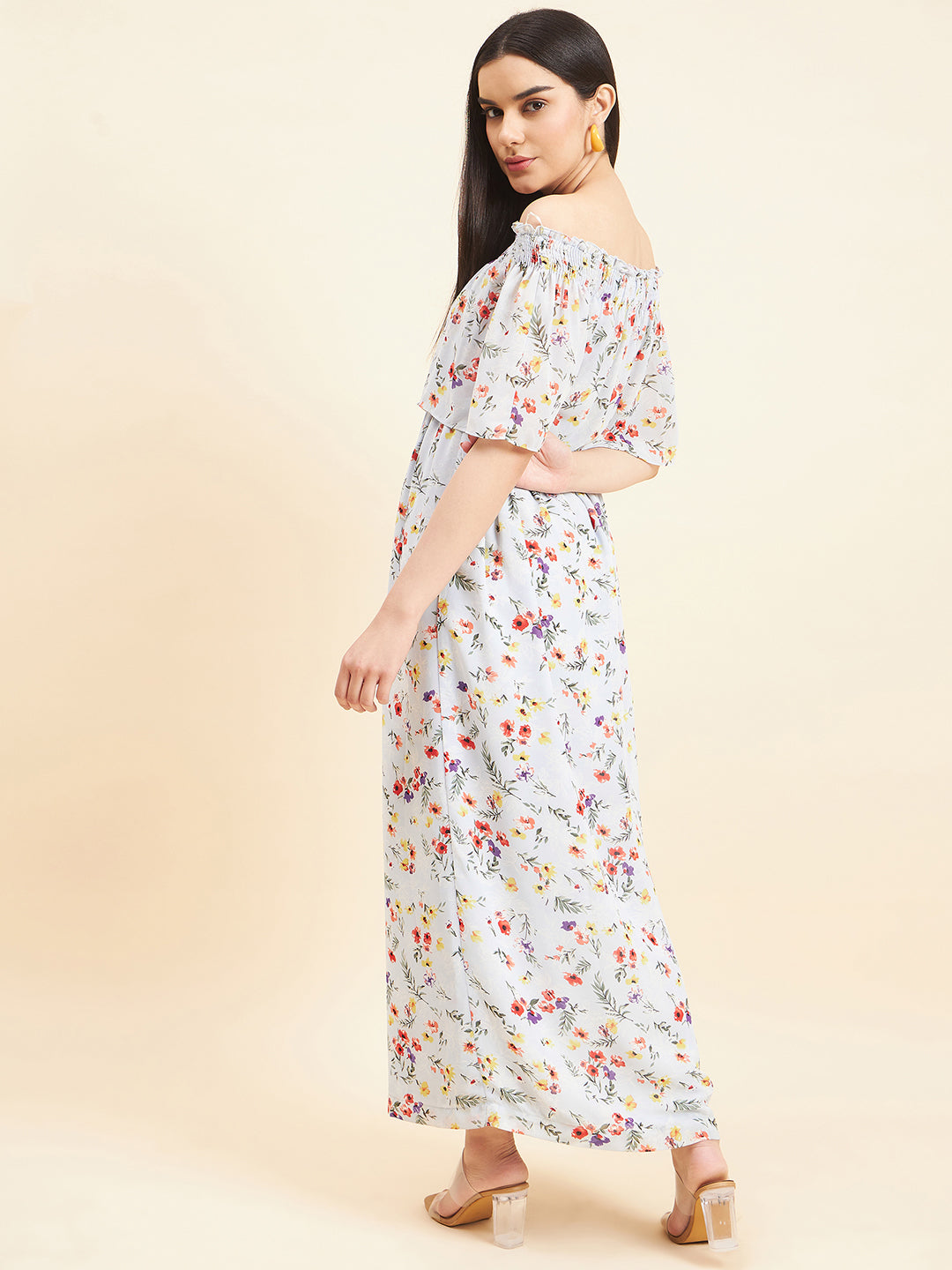 Gipsy Women Print Frill Polyester Maxi Lt Blue Dress