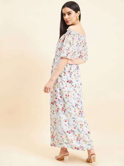 Gipsy Women Print Frill Polyester Maxi Lt Blue Dress