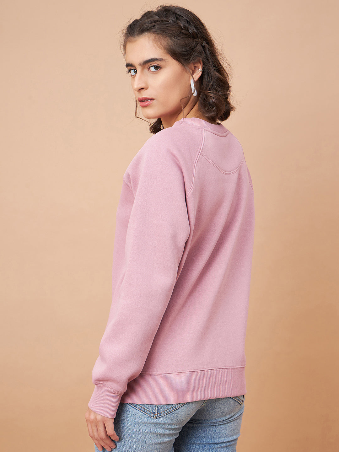 Gipsy Women Round Neck Straight Full Sleeve Polyester Fabric Pink Sweatshirt